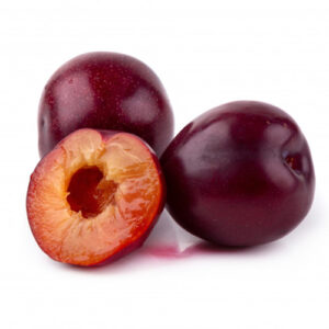 Two Full Plum Fruits and One Half Open Plum