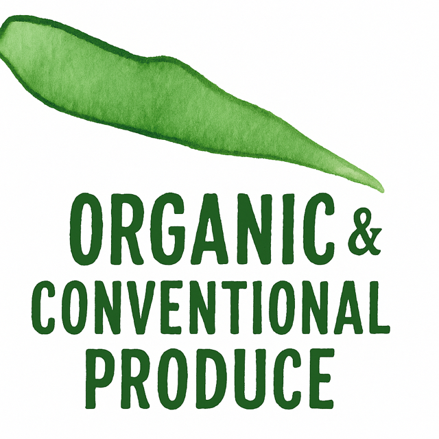 Organic and conventional produce with green leaf.